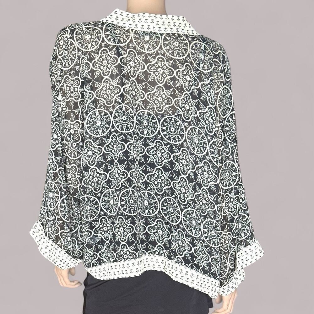 Coldwater Creek Size XL Kimono Black Cream Cardigan Geometric Floral Sheer Cape - Picture 5 of 9